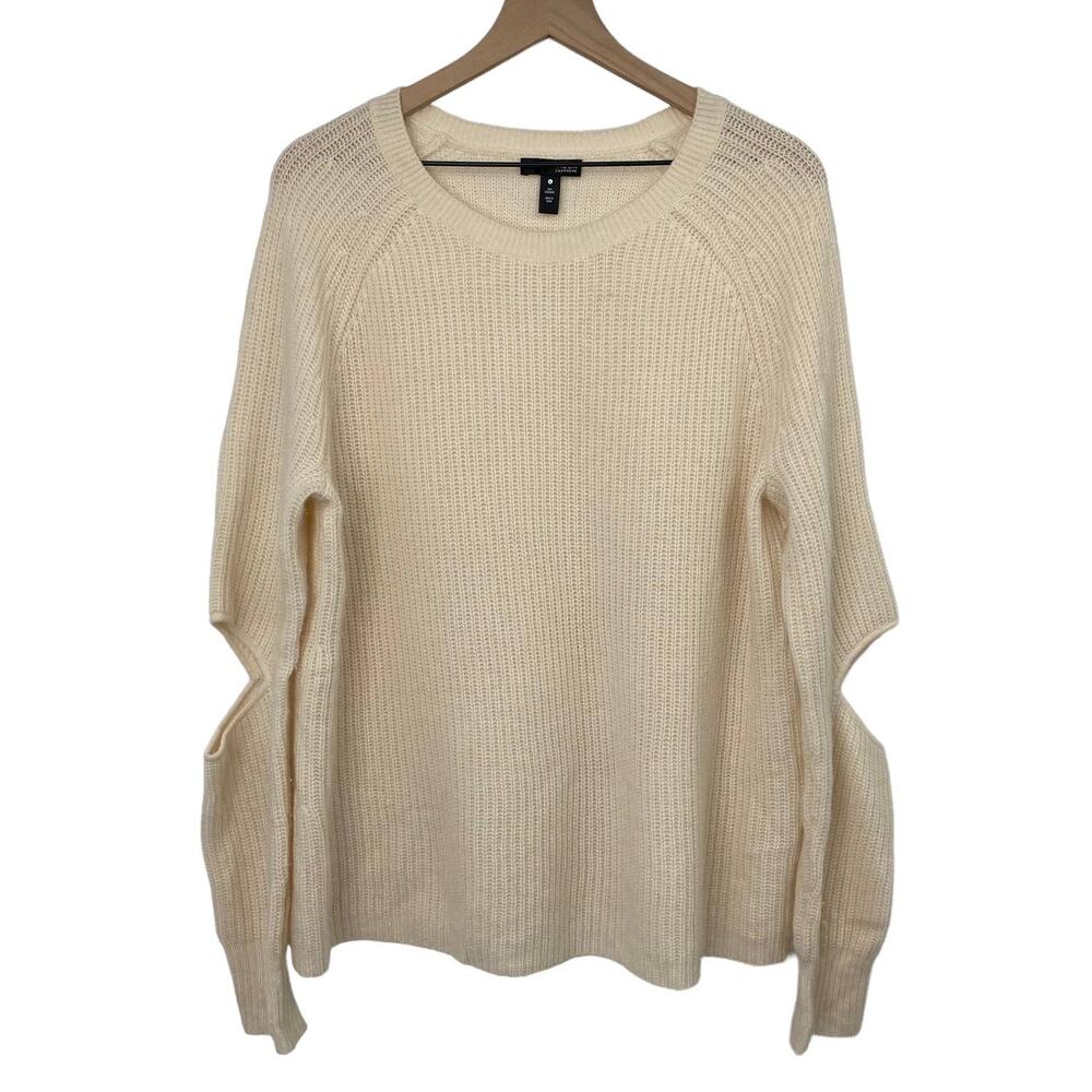 Aqua Cashmere Ribbed Crewneck Pullover Sweater Arm Cut outs Ivory Womens Large